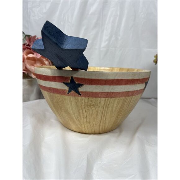 art class Other - **Vintage CLAY ART LARGE SALAD FRUIT BOWL WOOD STARS RED WHITE BLUE HAND PAINTED